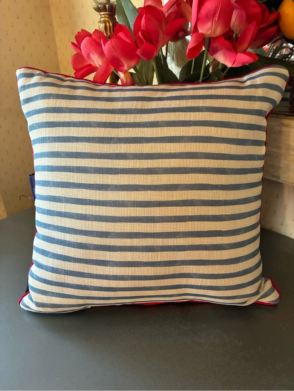 Nautica, LOBSTER pillow BLUE and WHITE stripe / RED embroidered lobster and trim